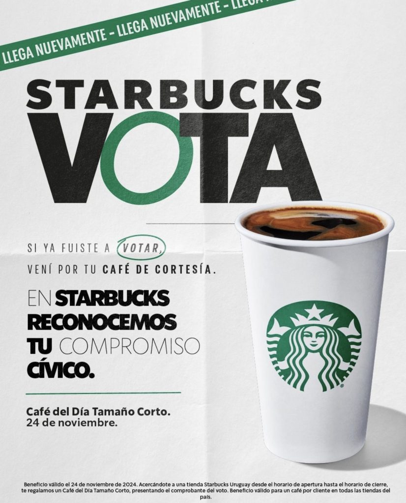 Starbucks Uruguay ofrece café gratis paralos votantes este domingo 24